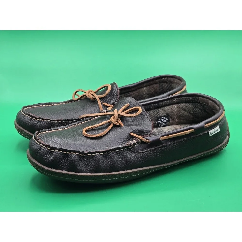 LL Bean Mens 14 Leather Moccasin Flannel Lined Slippers Loafer Shoe 212164 Brown